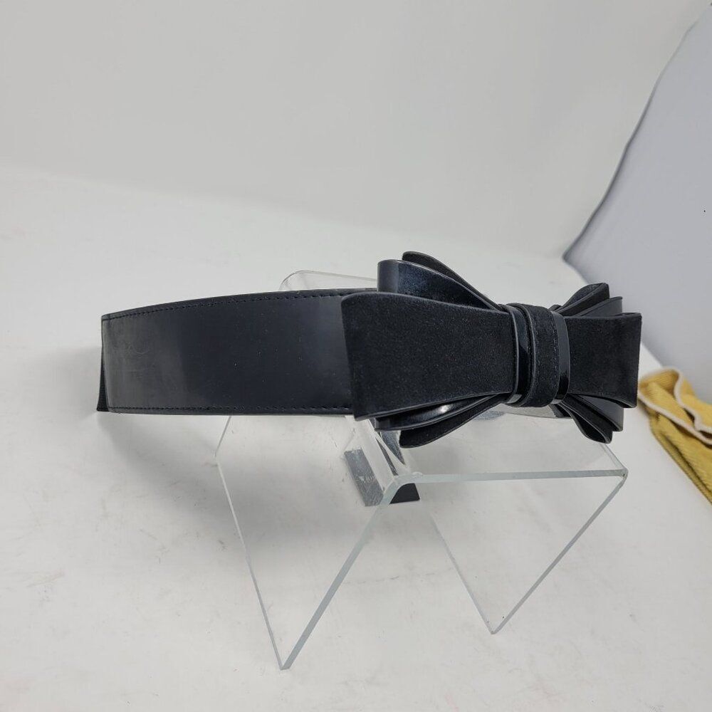 WHBM Belt Sz L Black Suede Patent Leather 3D Bow Statement Stretch Cincher Glam - Picture 5 of 10